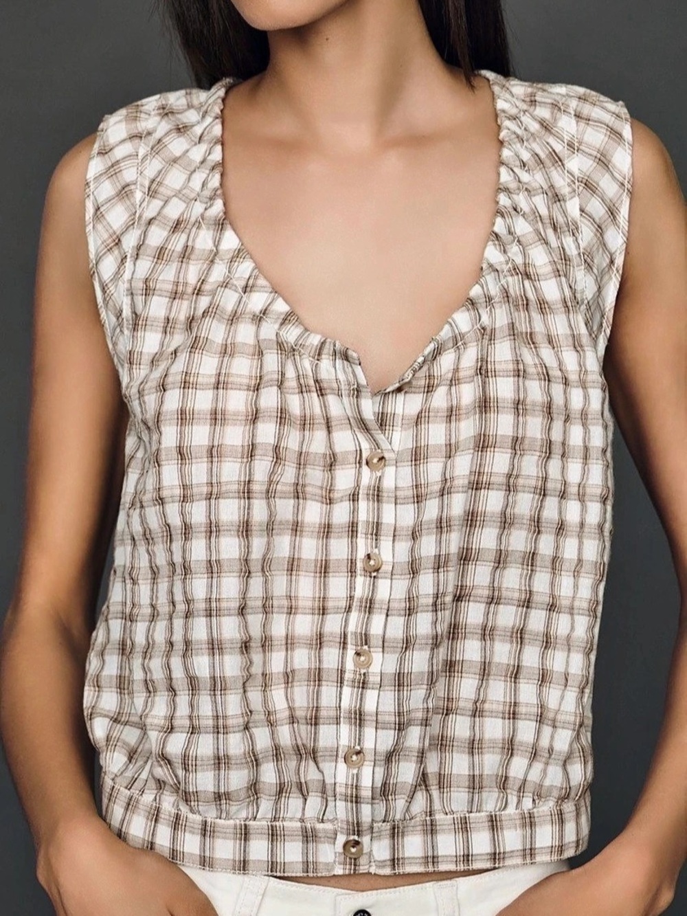 PILCRO Women's Plaid Sleeveless Blouse in Brown & White - L